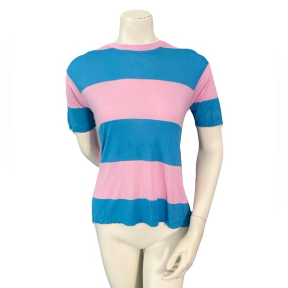 Diane Von Furstenberg XS Pink Blue Stripe Top High Low Tie Back 100%Viscose Peru - Picture 1 of 7